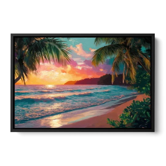 Myrtle Beach Waves And Palms - Black Framed Canvas Wall Art - Front