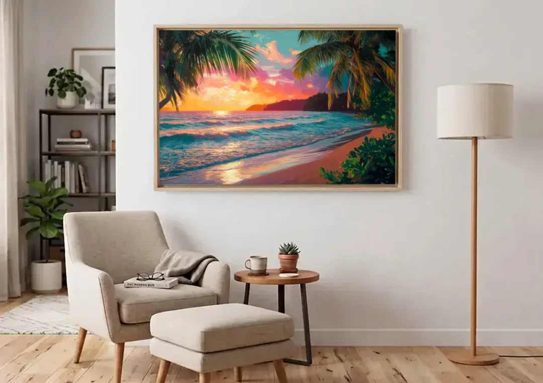 Myrtle Beach Waves And Palms canvas wall art above an armchair in a bright living room
