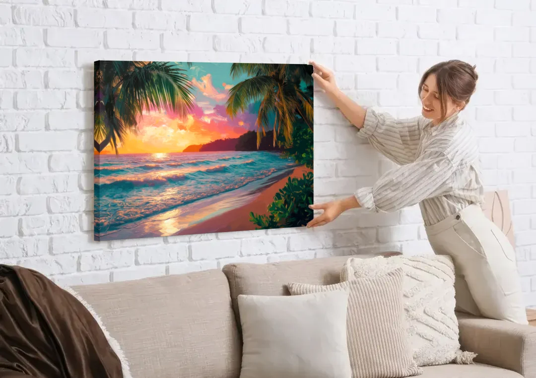 Myrtle Beach Waves And Palms canvas wall art being hung on a white brick wall above a sofa