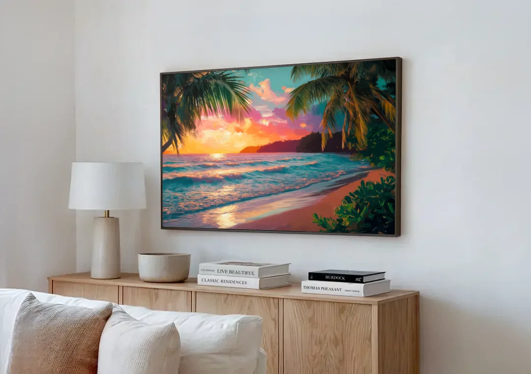 Myrtle Beach Waves And Palms canvas wall art above a wooden sideboard next to a sofa