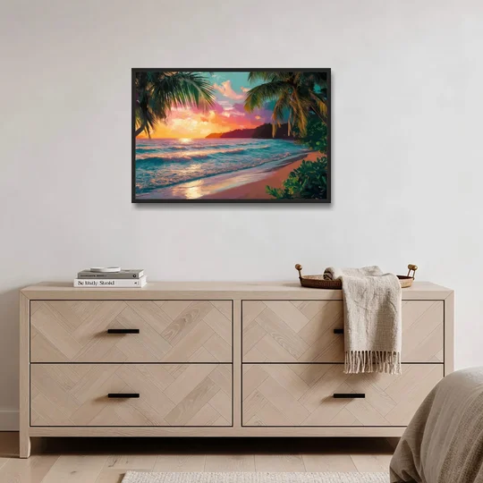 Myrtle Beach Waves And Palms - Black Framed Canvas Wall Art - Coffee Table - 36x24
