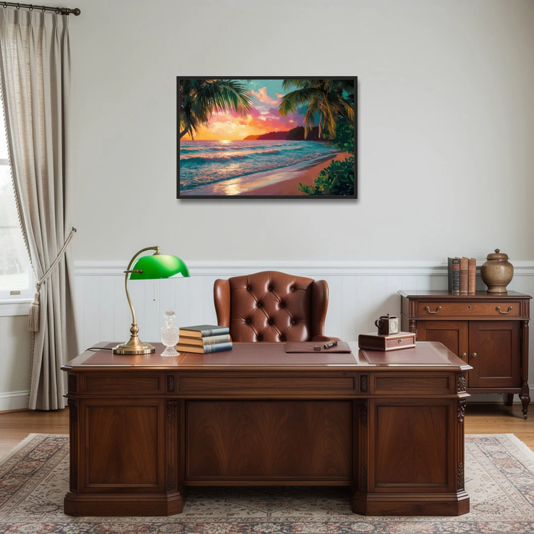 Myrtle Beach Waves And Palms - Black Framed Canvas Wall Art - Office - 36x24