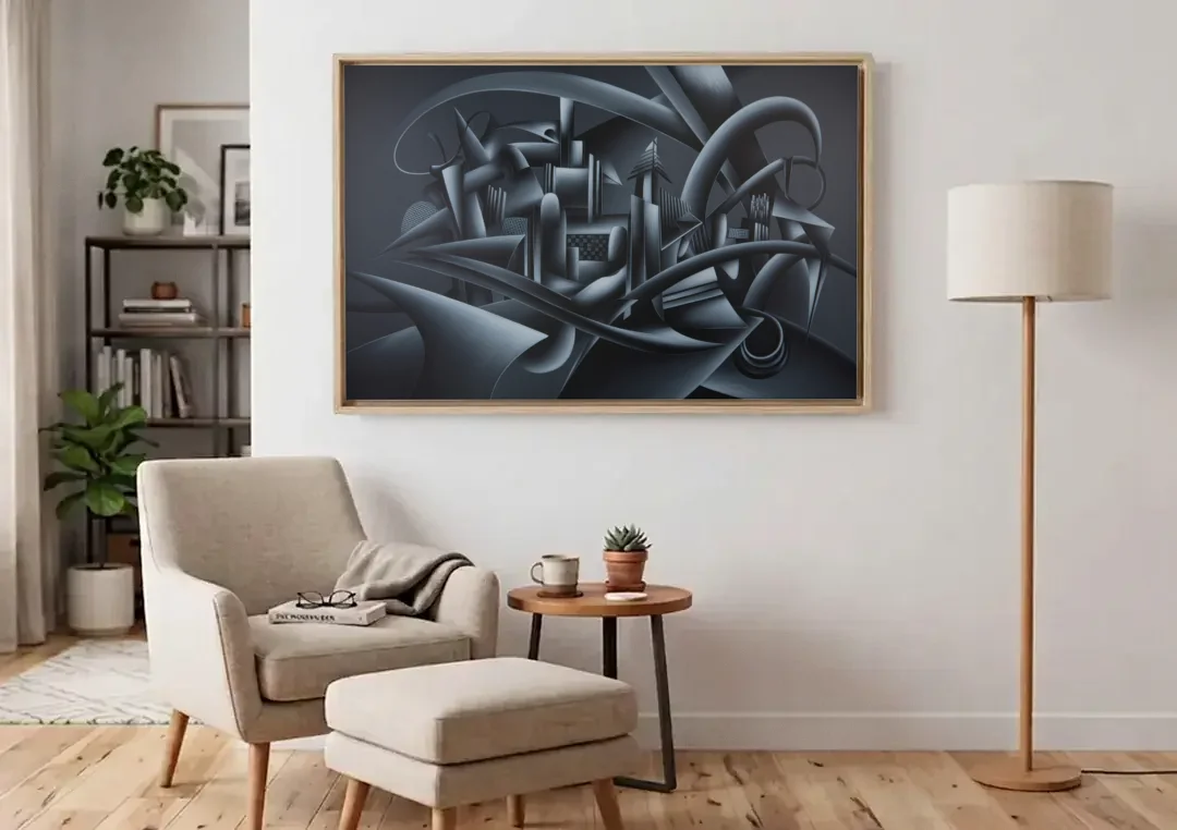 Mysterious Skyline Black Abstract canvas wall art above an armchair in a bright living room