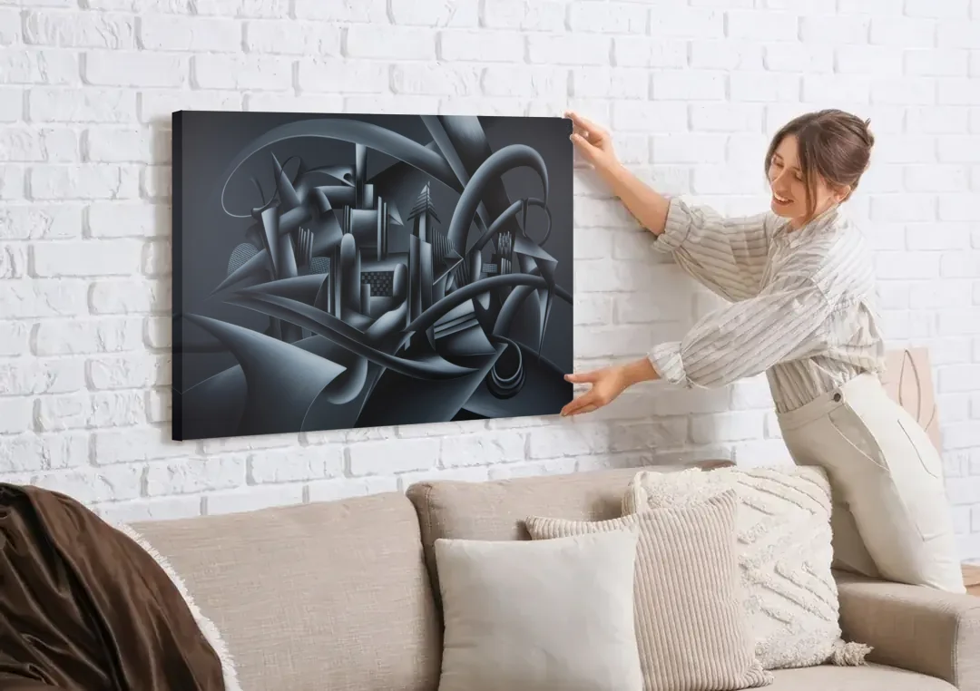 Mysterious Skyline Black Abstract canvas wall art being hung on a white brick wall above a sofa