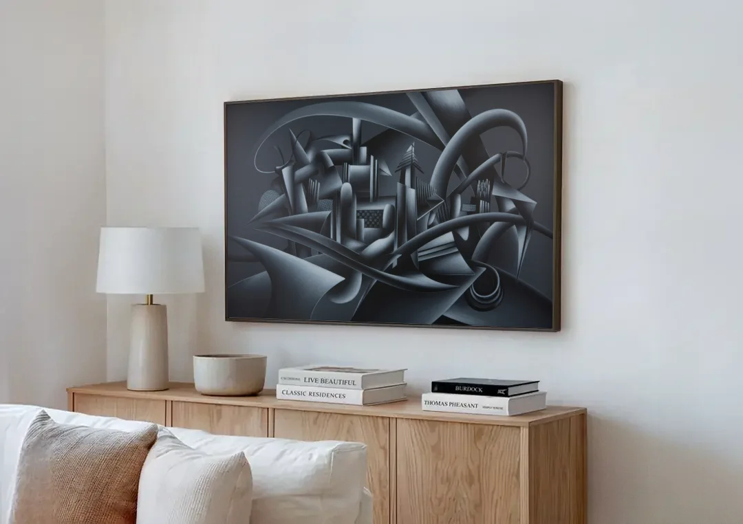 Mysterious Skyline Black Abstract canvas wall art above a wooden sideboard next to a sofa