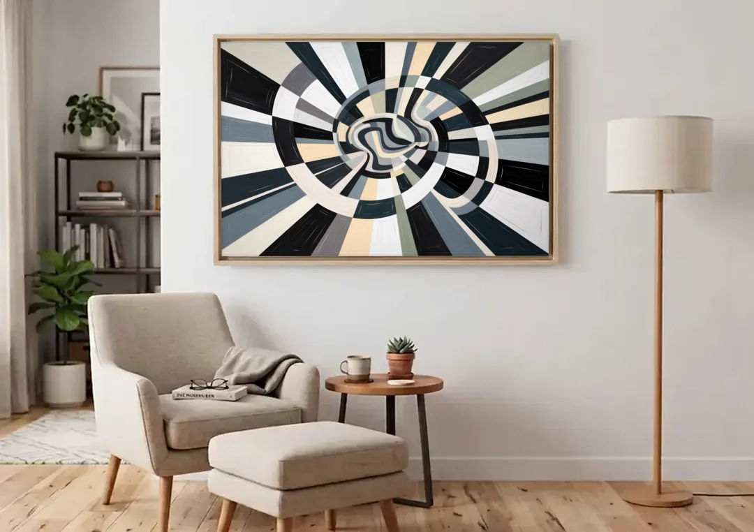 Mystic Geometric Black and White Abstract canvas wall art above an armchair in a bright living room