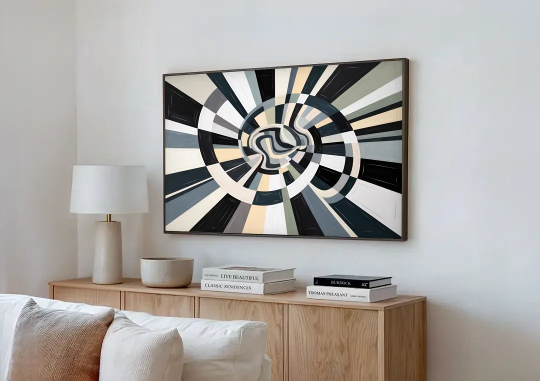 Mystic Geometric Black and White Abstract canvas wall art above a wooden sideboard next to a sofa