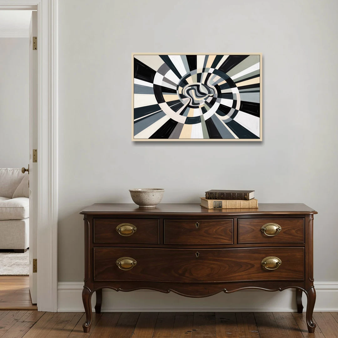 Mystic Geometric Black and White Abstract - Oak Framed Canvas Wall Art - Coffee Table - 36x24