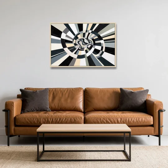 Mystic Geometric Black and White Abstract - Oak Framed Canvas Wall Art - Sofa - 36x24