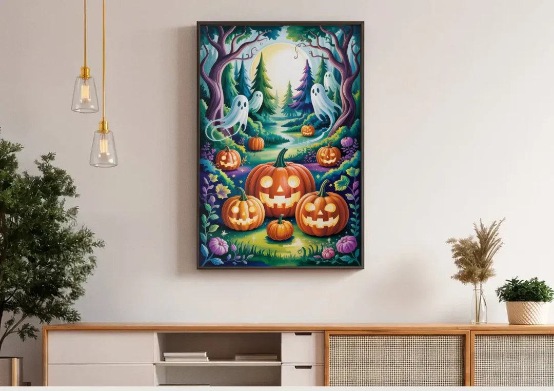 Mystical Elegance Forest Halloween canvas wall art above a wooden sideboard under pendant lights