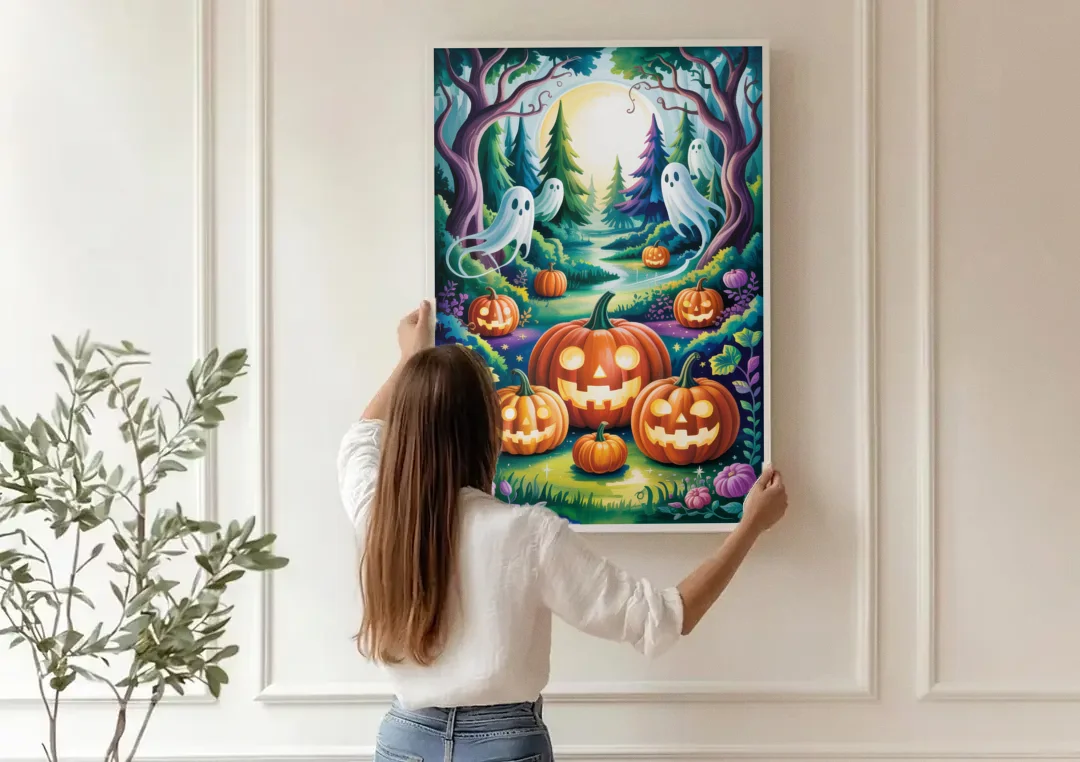 Mystical Elegance Forest Halloween canvas wall art being hung on a paneled wall