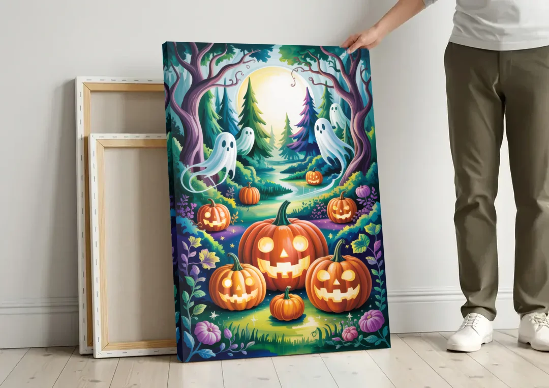 Mystical Elegance Forest Halloween canvas wall art leaning against a wall next to blank canvases