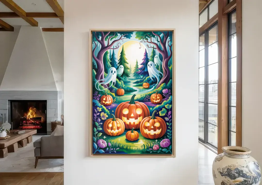 Mystical Elegance Forest Halloween canvas wall art in a living room with a fireplace