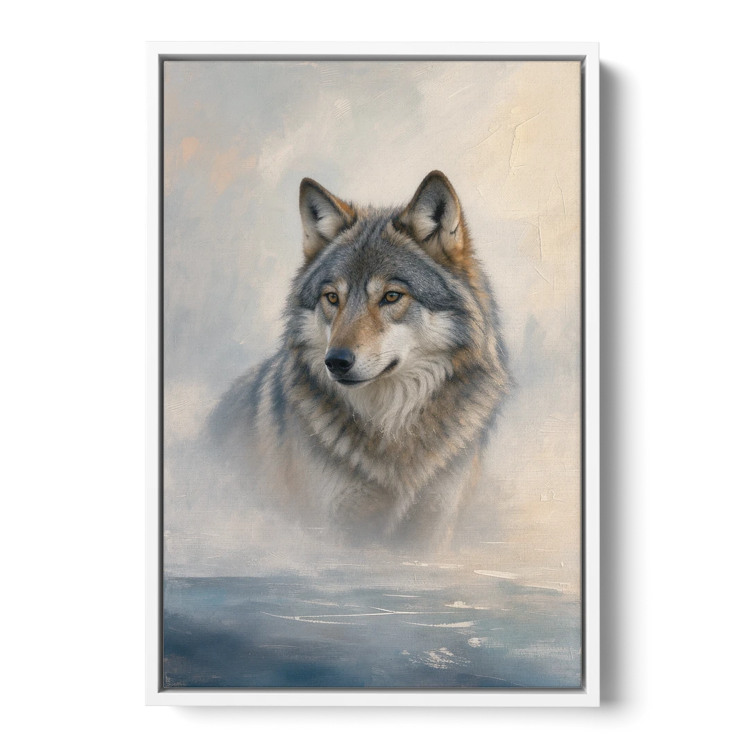 Atmospheric Mystical Wolf in Dawn Sea Fog - White Framed Canvas Wall Art - Front