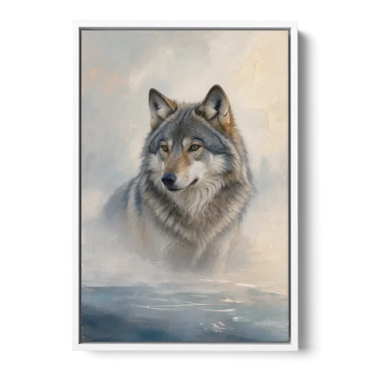 Atmospheric Mystical Wolf in Dawn Sea Fog - White Framed Canvas Wall Art - Front