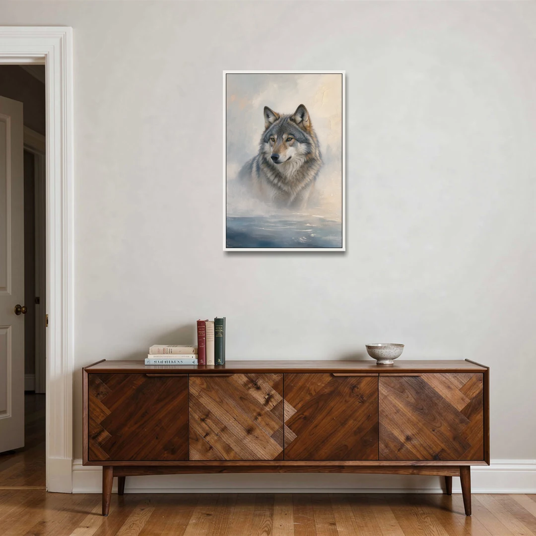 Atmospheric Mystical Wolf in Dawn Sea Fog - White Framed Canvas Wall Art - Coffee Table - 24x36