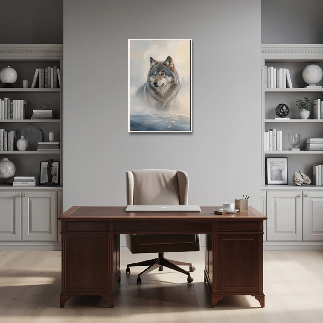 Atmospheric Mystical Wolf in Dawn Sea Fog - White Framed Canvas Wall Art - Office - 24x36