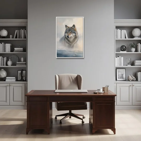 Atmospheric Mystical Wolf in Dawn Sea Fog - White Framed Canvas Wall Art - Office - 24x36