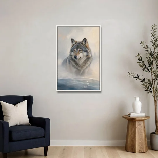 Atmospheric Mystical Wolf in Dawn Sea Fog - White Framed Canvas Wall Art - Sofa - 24x36