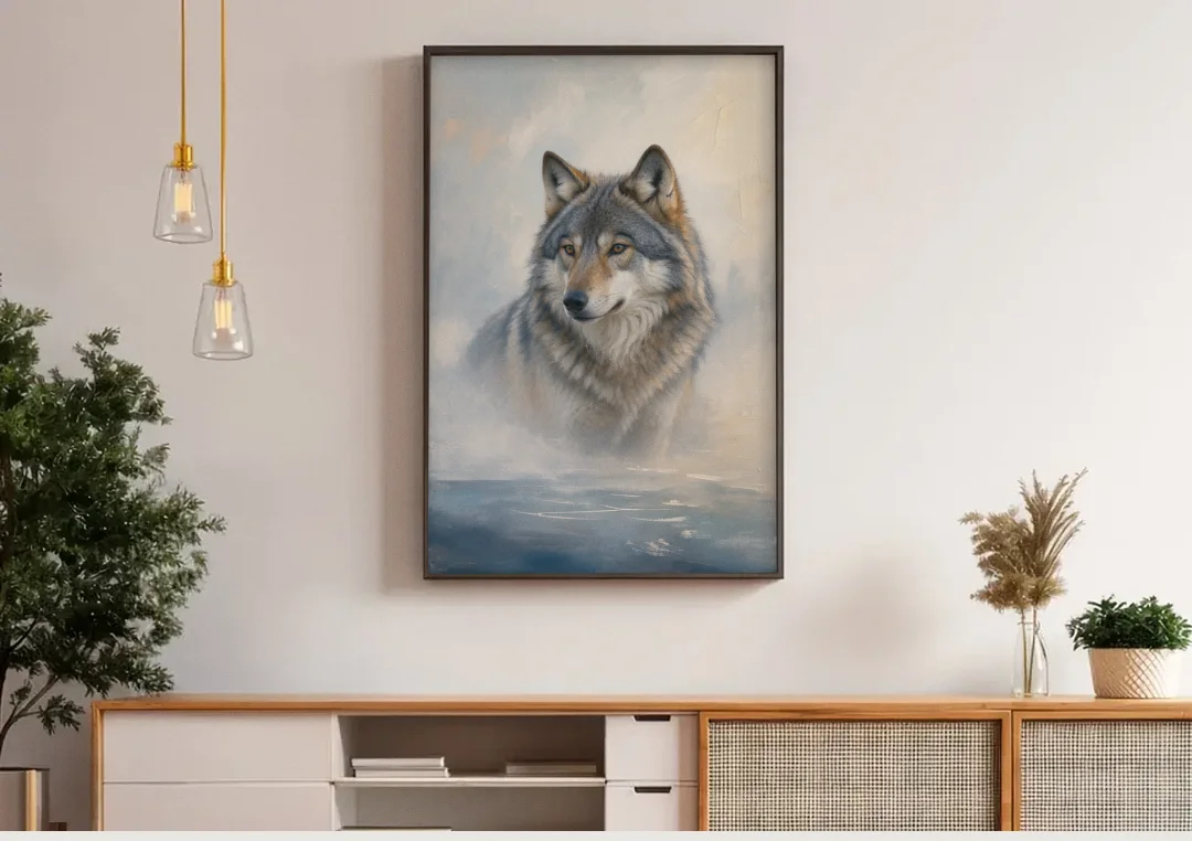 Atmospheric Mystical Wolf in Dawn Sea Fog canvas wall art above a wooden sideboard under pendant lights
