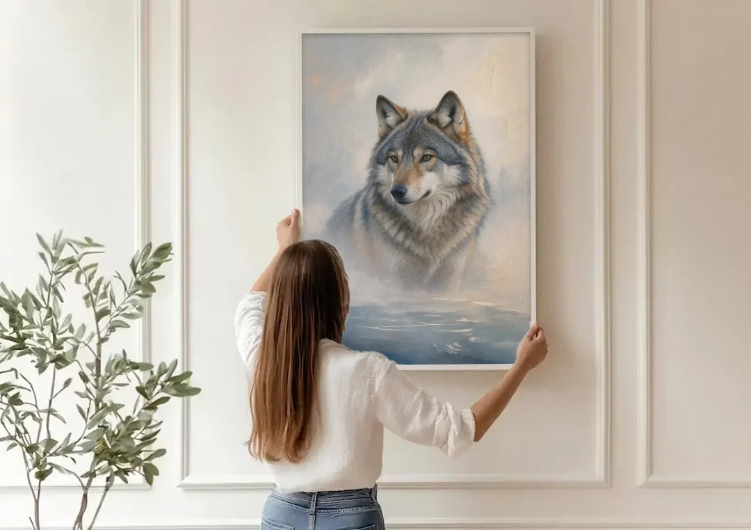 Atmospheric Mystical Wolf in Dawn Sea Fog canvas wall art being hung on a paneled wall