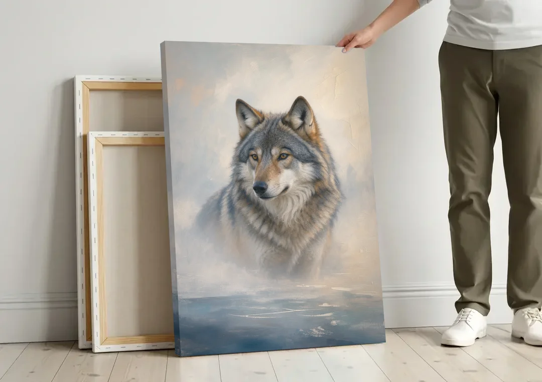 Atmospheric Mystical Wolf in Dawn Sea Fog canvas wall art leaning against a wall next to blank canvases
