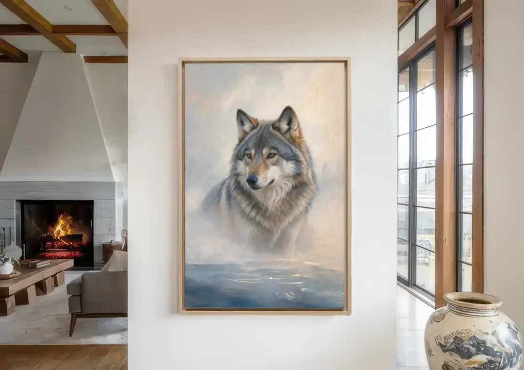Atmospheric Mystical Wolf in Dawn Sea Fog canvas wall art in a living room with a fireplace