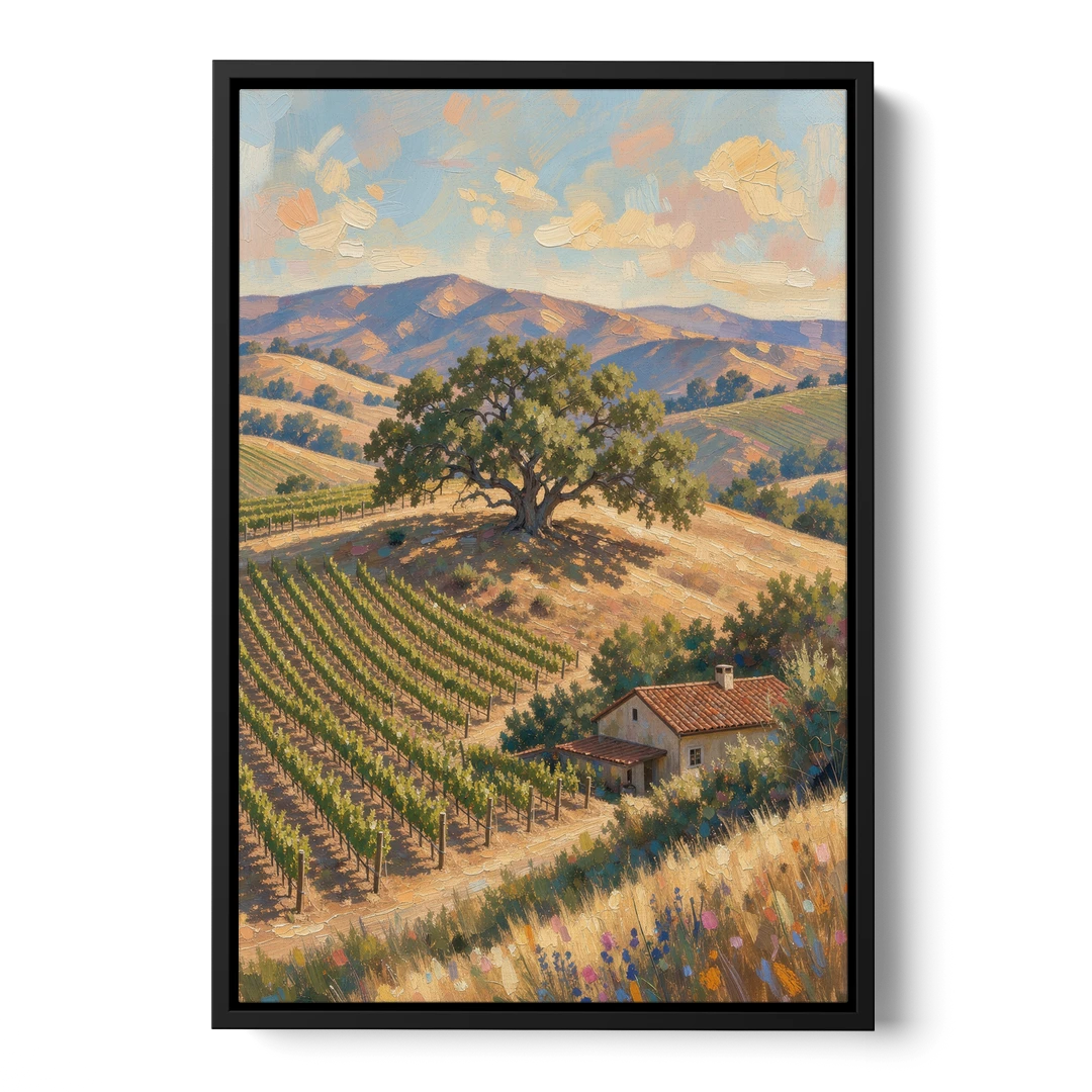 Napa Valley Painting With Lone Oak - Black Framed Canvas Wall Art - Front