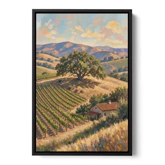 Napa Valley Painting With Lone Oak - Black Framed Canvas Wall Art - Front
