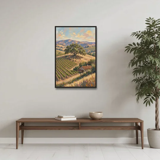Napa Valley Painting With Lone Oak - Black Framed Canvas Wall Art - Coffee Table - 24x36