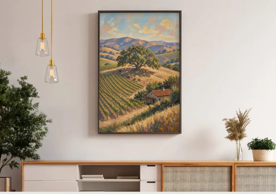 Napa Valley Painting With Lone Oak canvas wall art above a wooden sideboard under pendant lights