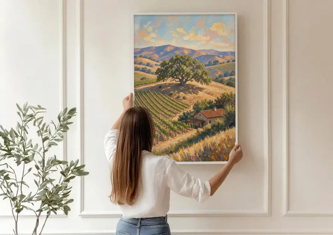 Napa Valley Painting With Lone Oak canvas wall art being hung on a paneled wall