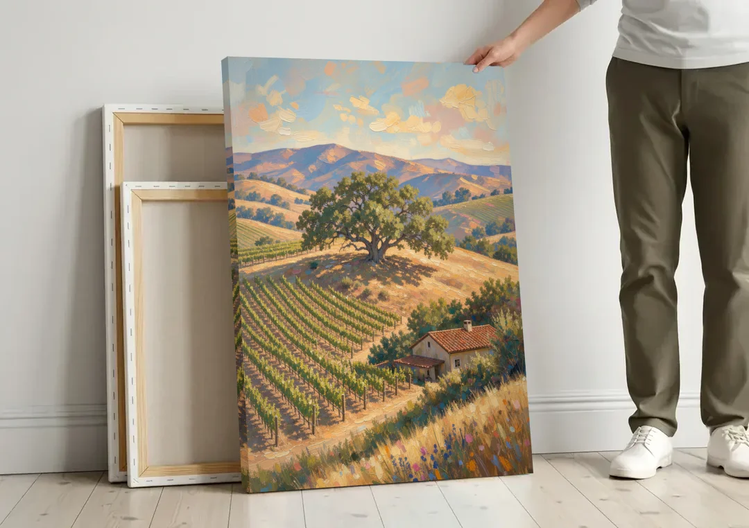 Napa Valley Painting With Lone Oak canvas wall art leaning against a wall next to blank canvases