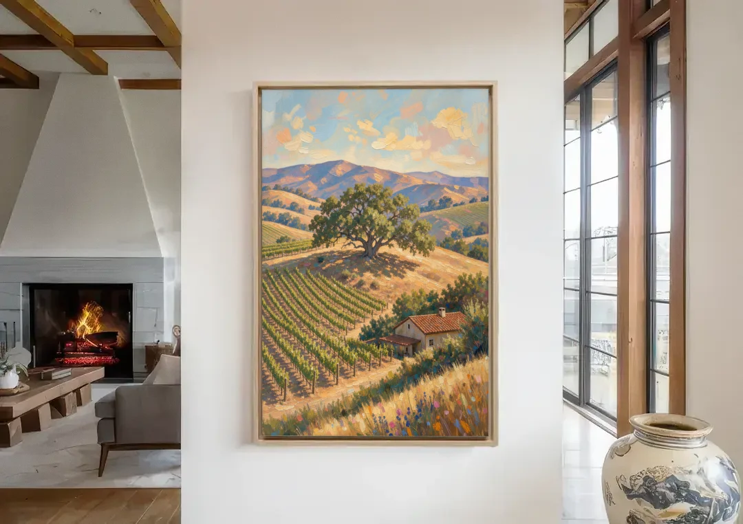 Napa Valley Painting With Lone Oak canvas wall art in a living room with a fireplace