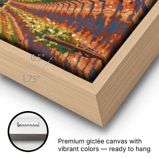 Napa Valley Wall Art of Golden Vines and Oaks - Oak Framed Canvas Wall Art - Gallery Wrap Corner