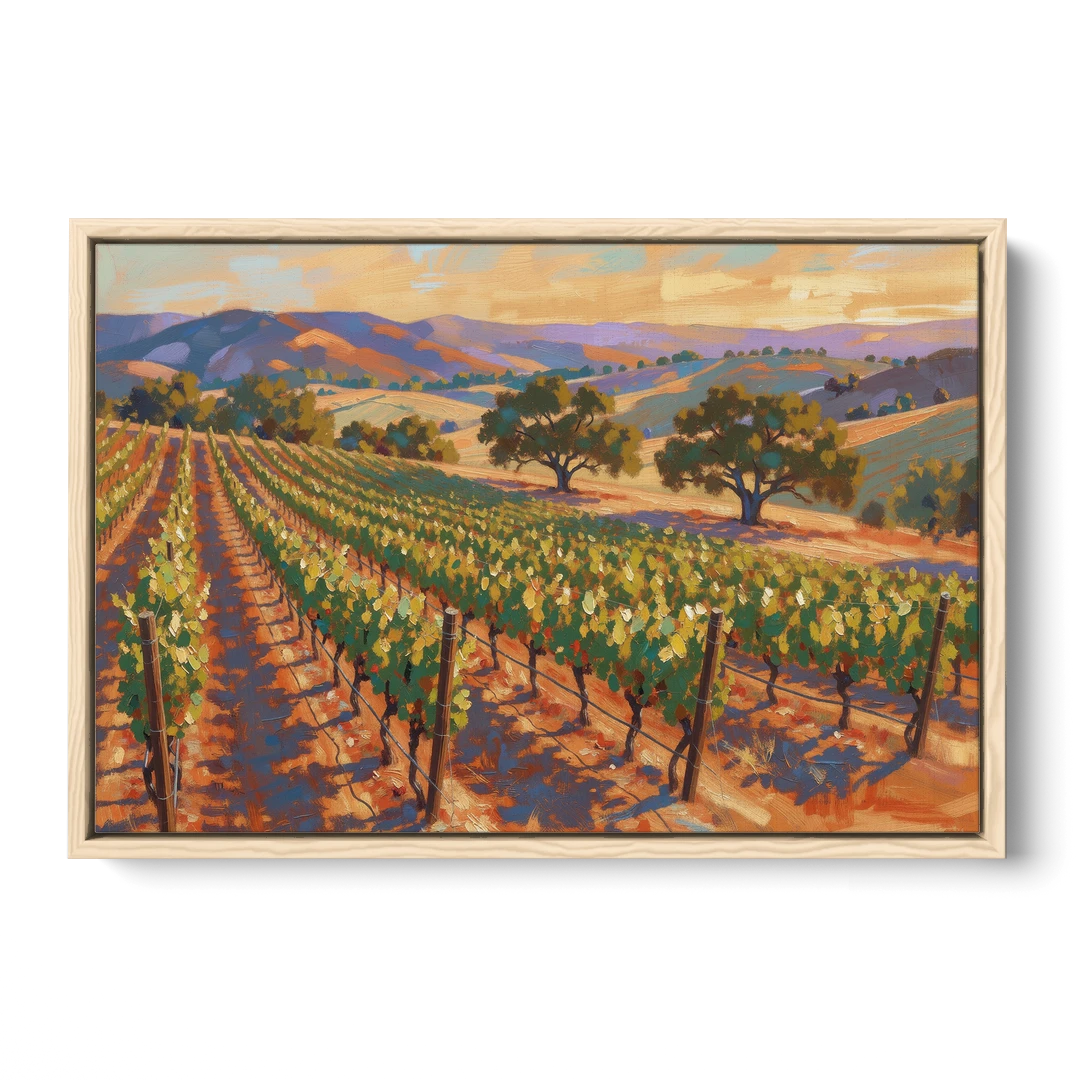 Napa Valley Wall Art of Golden Vines and Oaks - Oak Framed Canvas Wall Art - Front