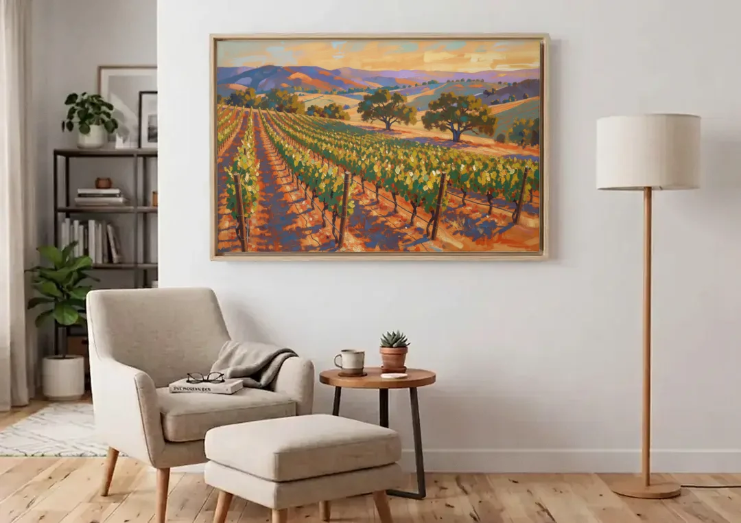 Napa Valley Wall Art of Golden Vines and Oaks canvas wall art above an armchair in a bright living room