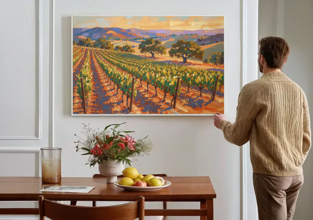 Napa Valley Wall Art of Golden Vines and Oaks canvas wall art above a dining table