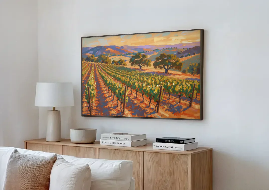 Napa Valley Wall Art of Golden Vines and Oaks canvas wall art above a wooden sideboard next to a sofa