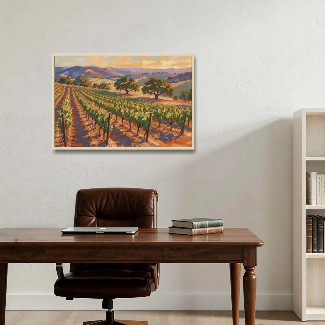 Napa Valley Wall Art of Golden Vines and Oaks - Oak Framed Canvas Wall Art - Office - 36x24