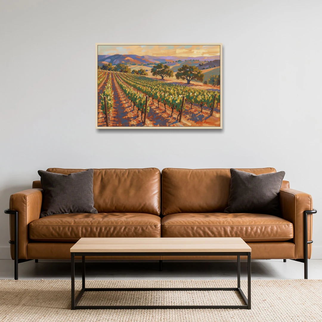 Napa Valley Wall Art of Golden Vines and Oaks - Oak Framed Canvas Wall Art - Sofa - 36x24