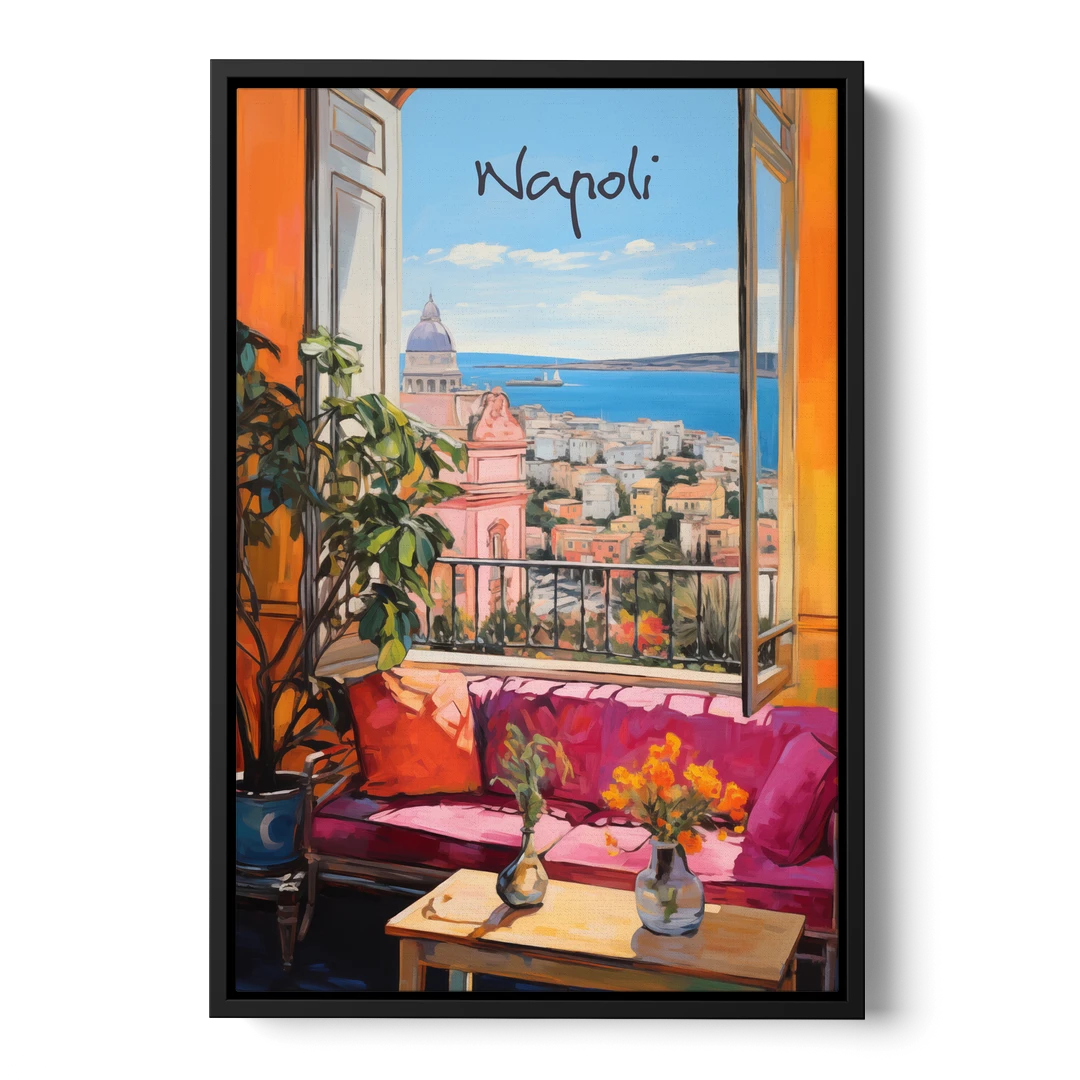 Naples Art of a Room Over the Bay - Black Framed Canvas Wall Art - Front