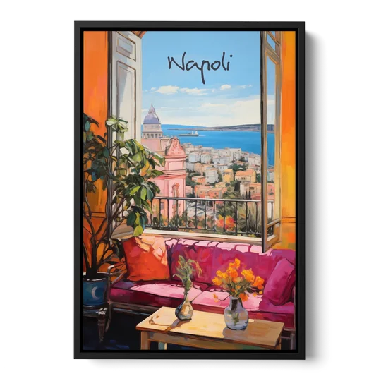 Naples Art of a Room Over the Bay - Black Framed Canvas Wall Art - Front