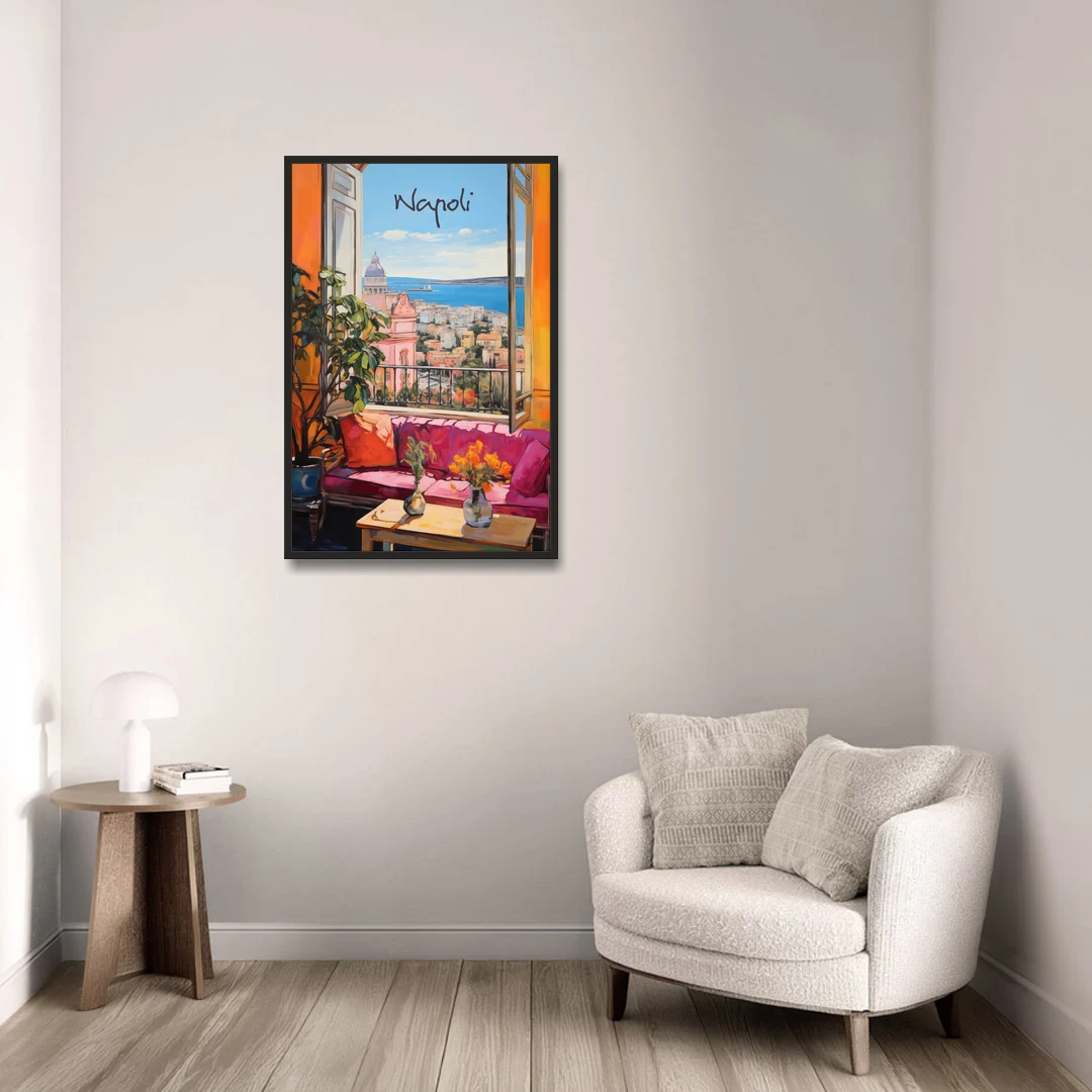 Naples Art of a Room Over the Bay - Black Framed Canvas Wall Art - Sofa - 24x36