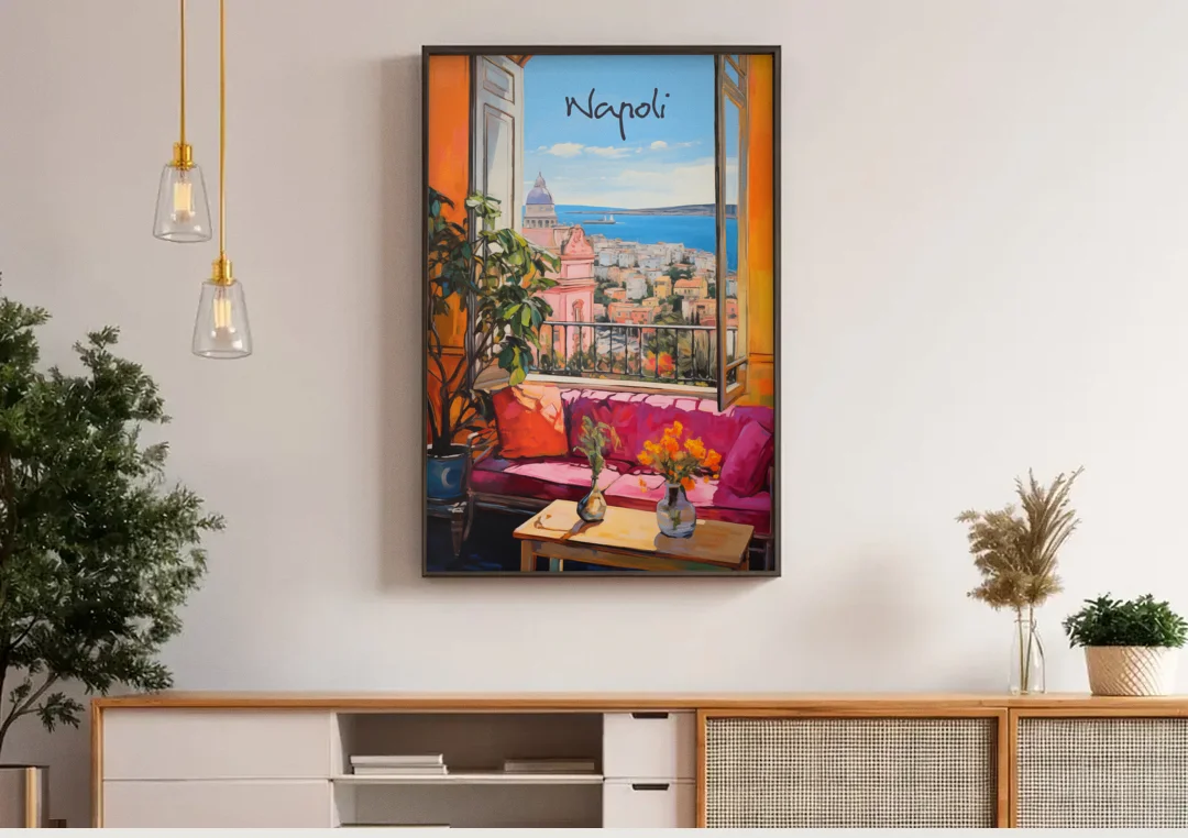 Naples Art of a Room Over the Bay canvas wall art above a wooden sideboard under pendant lights