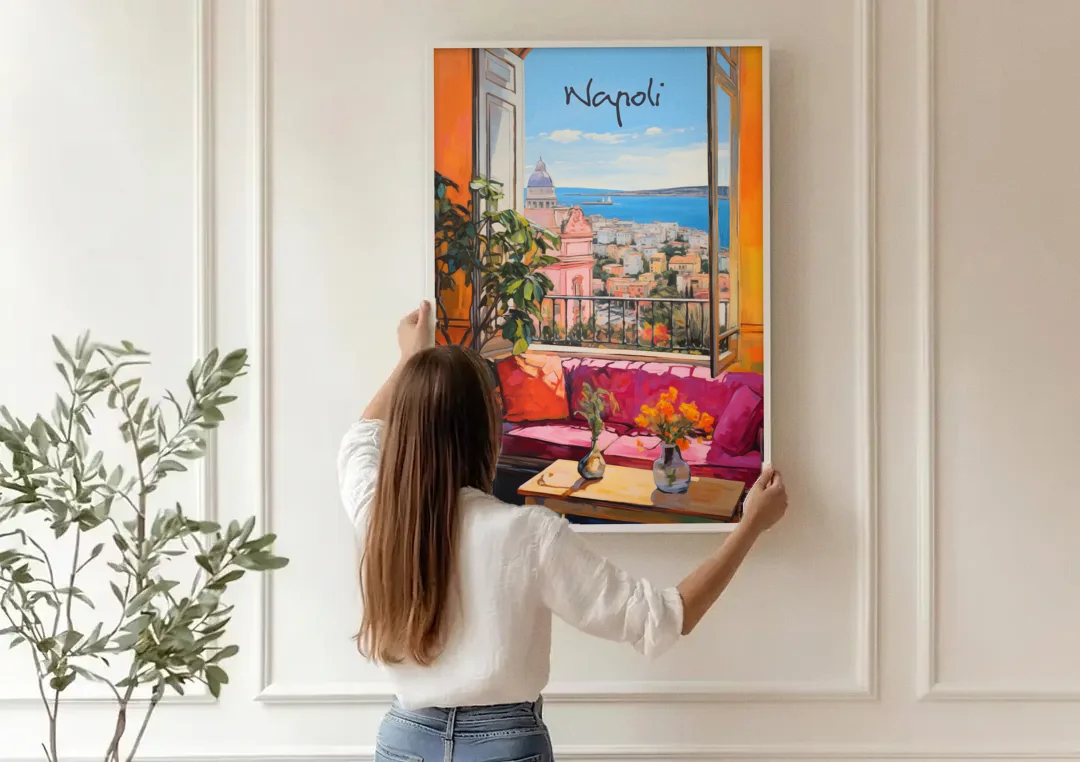Naples Art of a Room Over the Bay canvas wall art being hung on a paneled wall