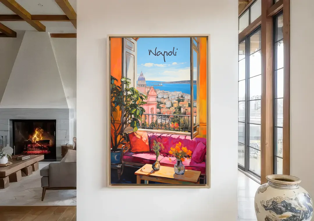 Naples Art of a Room Over the Bay canvas wall art in a living room with a fireplace