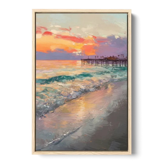 Naples Beach Sunset - Oak Framed Canvas Wall Art - Front