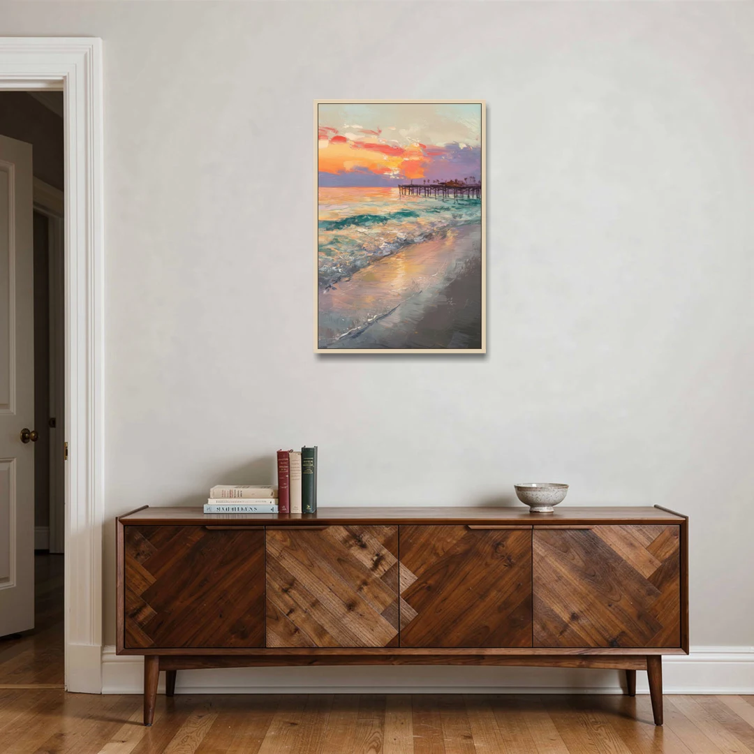 Naples Beach Sunset - Oak Framed Canvas Wall Art - Coffee Table - 24x36