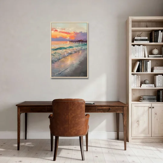 Naples Beach Sunset - Oak Framed Canvas Wall Art - Office - 24x36